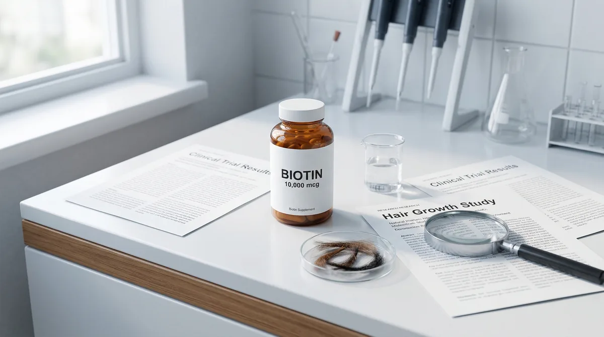 Woman examining biotin supplement bottle with scientific research papers and hair strand samples on laboratory table