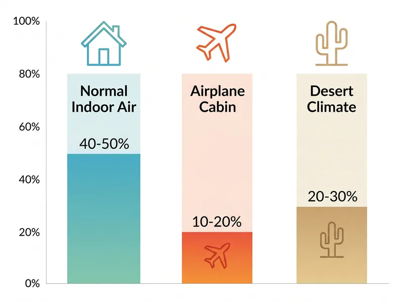 Diagram showing airplane cabin humidity levels compared to normal indoor air and desert conditions