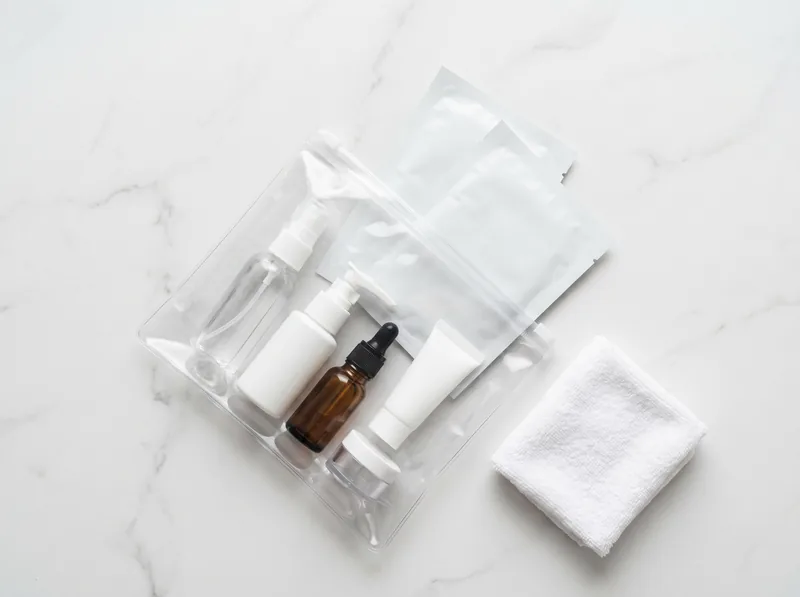 Organized travel skincare kit with TSA-compliant bottles, cleansers, and protective products in clear bag