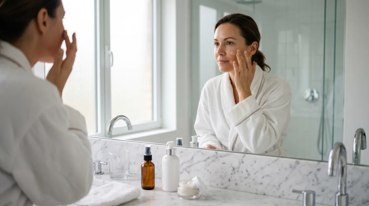 Professional woman applying skincare in modern hotel bathroom with travel-sized products on marble counter