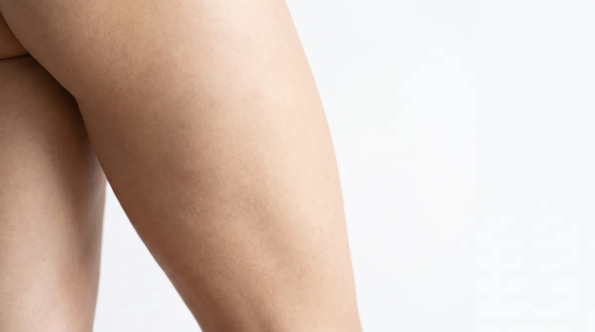 Close-up of healthy skin texture on thigh showing natural variation in skin surface structure