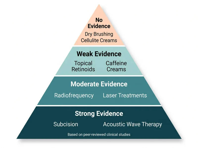 Evidence pyramid chart ranking cellulite treatments from strongest scientific support to weakest