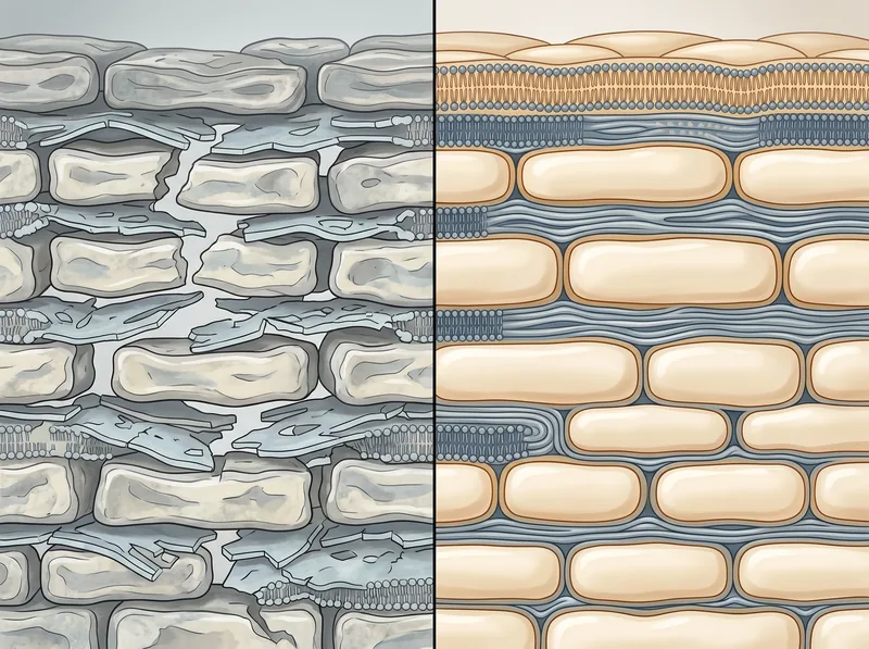 Side-by-side comparison showing damaged skin barrier with changeed lipid layers versus healthy organized barrier structure