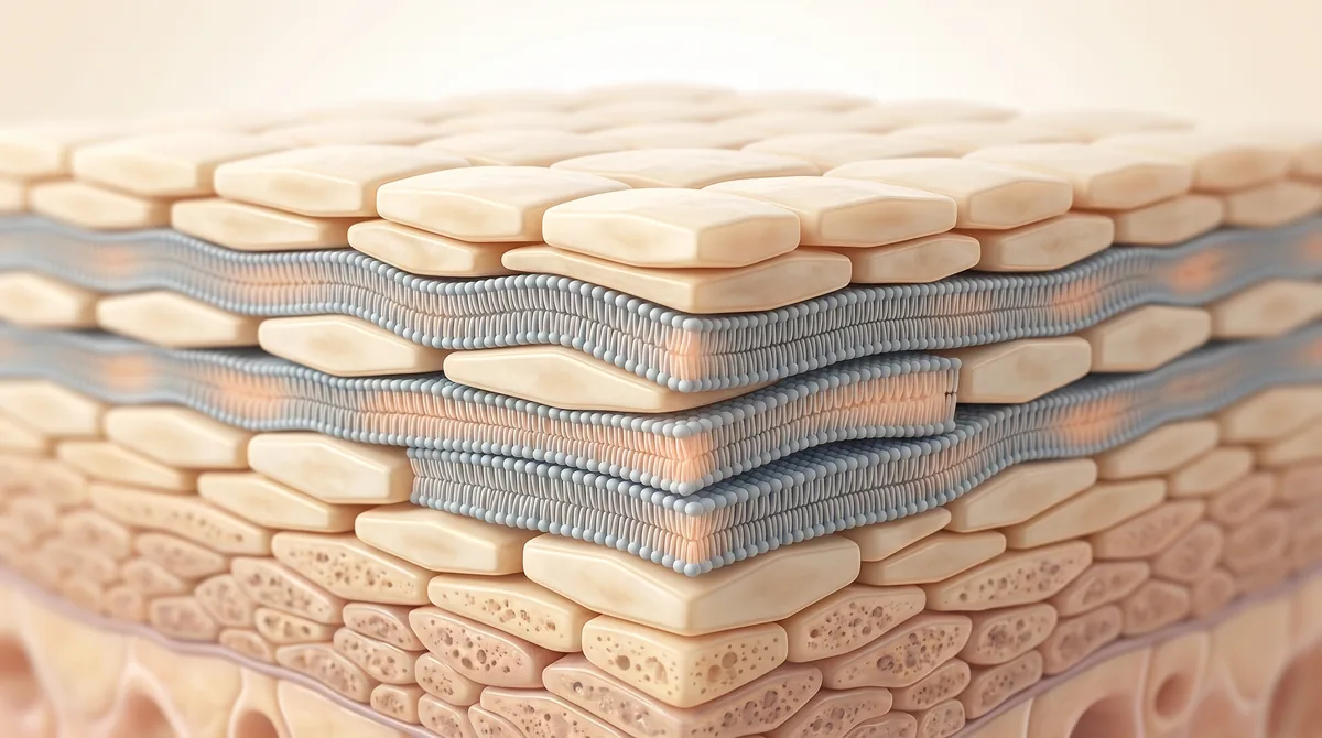 Close-up microscopic view of healthy skin barrier lipid layers showing organized ceramide structure