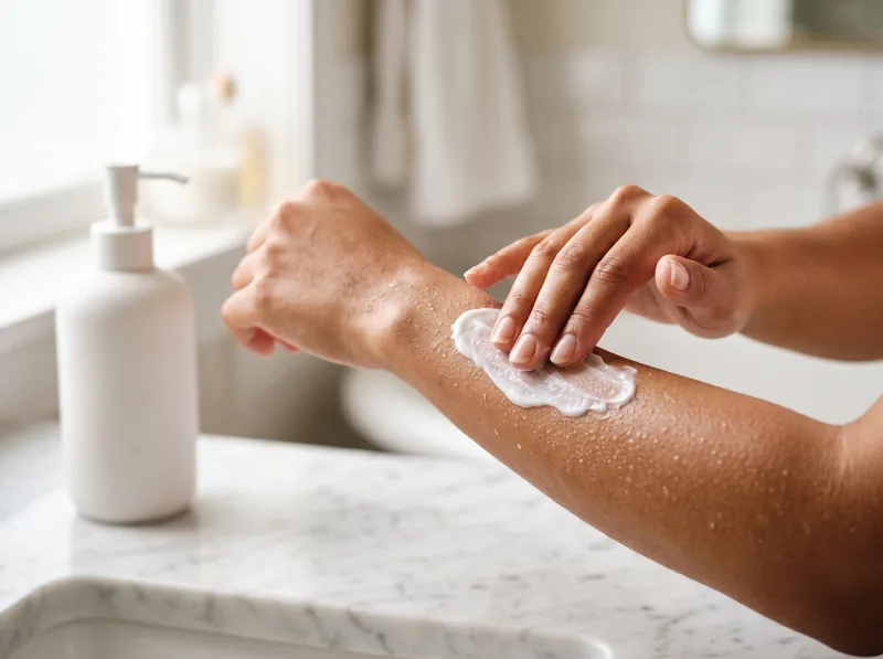 Hands applying ceramide moisturiser to slightly damp skin demonstrating optimal application timing