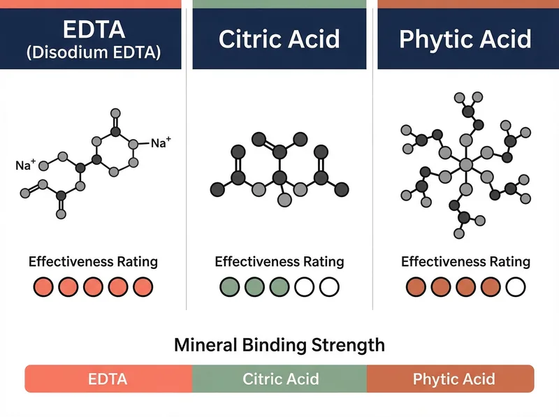 Scientific comparison chart showing chelating ingredients EDTA, citric acid, and phytic acid with molecular structures