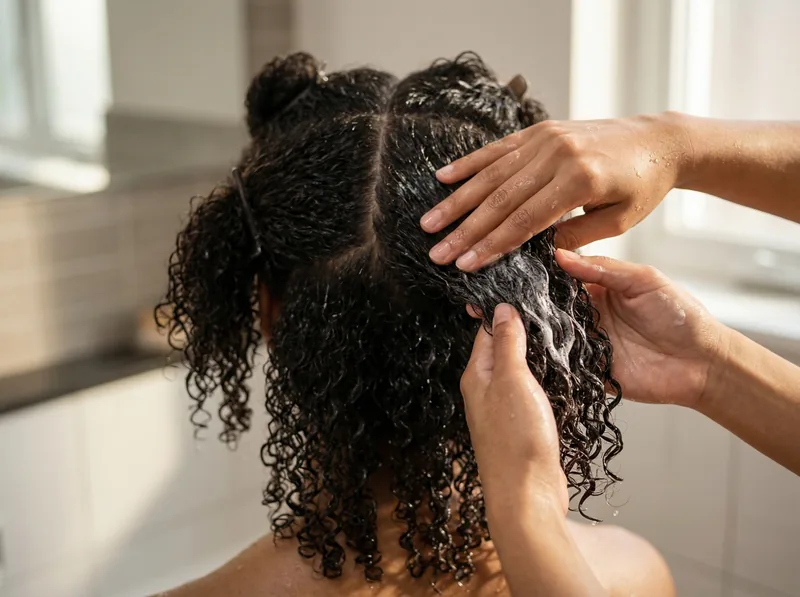 Woman applying chelating shampoo to wet hair in sections to remove mineral buildup