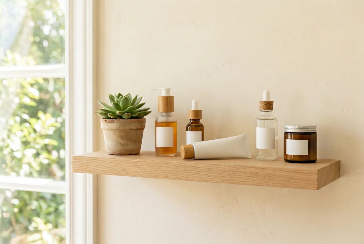 Minimalist beauty products arranged on a bathroom shelf with natural light