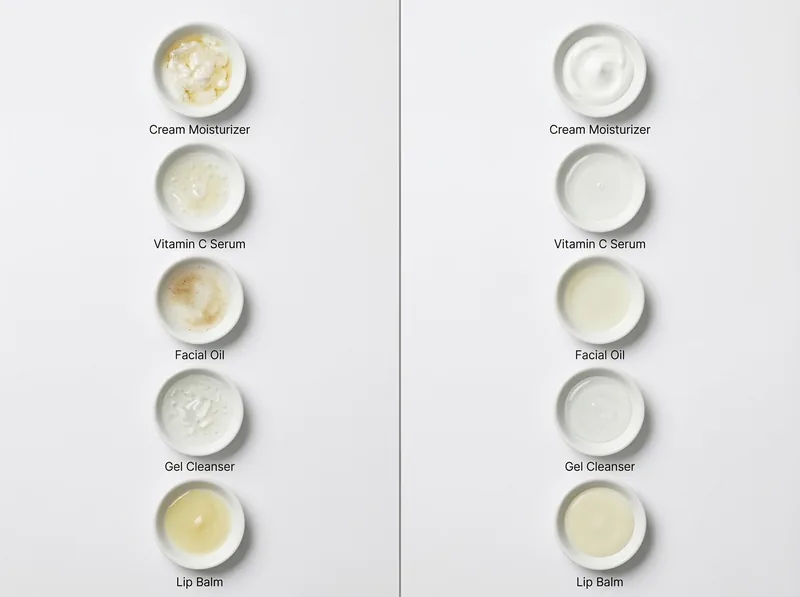 Side-by-side comparison showing how clean beauty product textures change in Gulf humidity versus controlled conditions