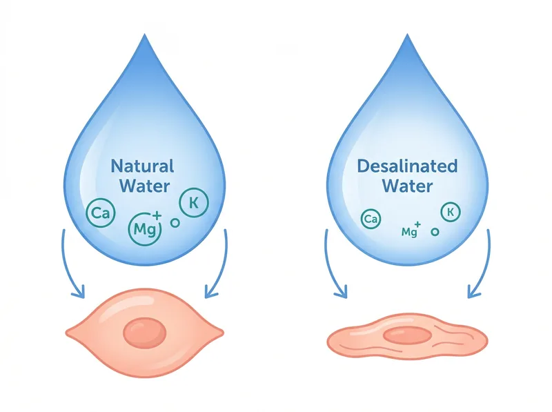 Infographic comparing mineral content in desalinated water versus natural water and its effects on skin