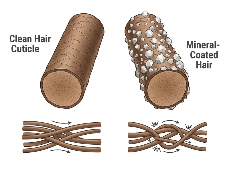 Diagram showing mineral deposits coating hair shaft causing tangles and friction