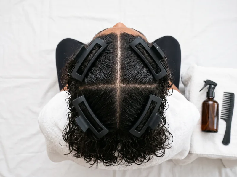 Overhead view showing hair divided into four sections with clips for systematic detangling