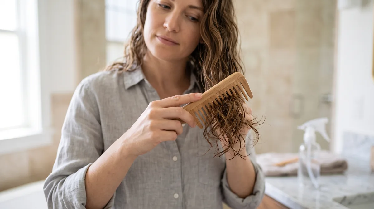 Woman gently detangling wet hair with wide-tooth comb in bathroom with natural light