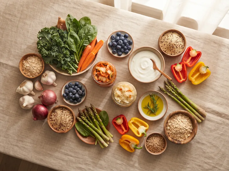 Flat lay of gut-healthy foods including fermented vegetables, yogurt, colorful produce, and fiber-rich whole grains on neutral background