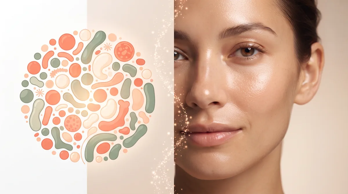 Split image showing healthy gut bacteria illustration on left and clear glowing facial skin on right, connected by flowing light particles