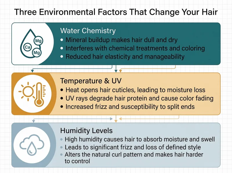 Infographic showing how temperature, humidity, and water quality affect hair health