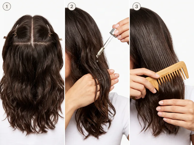 Step-by-step visual guide showing proper hair oiling technique from sectioning to application to distribution