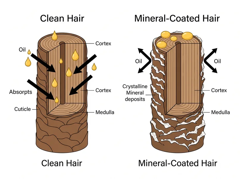 Side-by-side comparison diagram showing oil absorption on clean hair versus oil sitting on mineral-coated hair cuticles