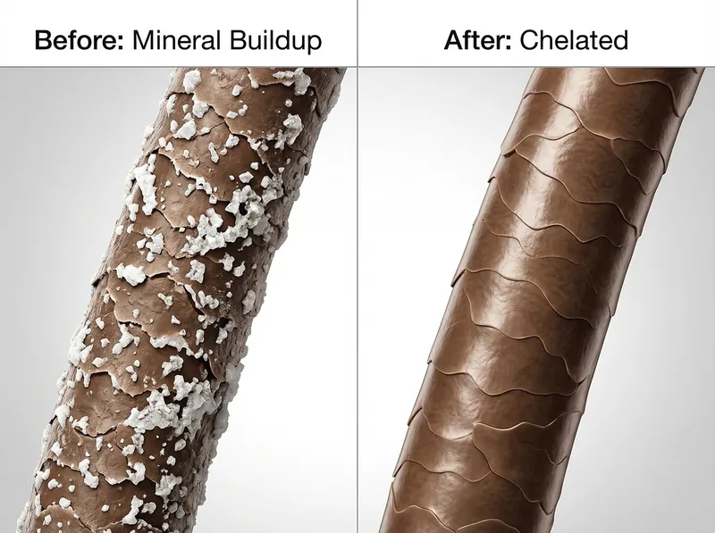 Microscopic view of calcium and magnesium deposits on hair strand before and after chelating treatment