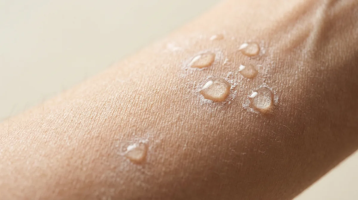 Close-up of water droplets on human skin showing mineral residue and compromised skin texture