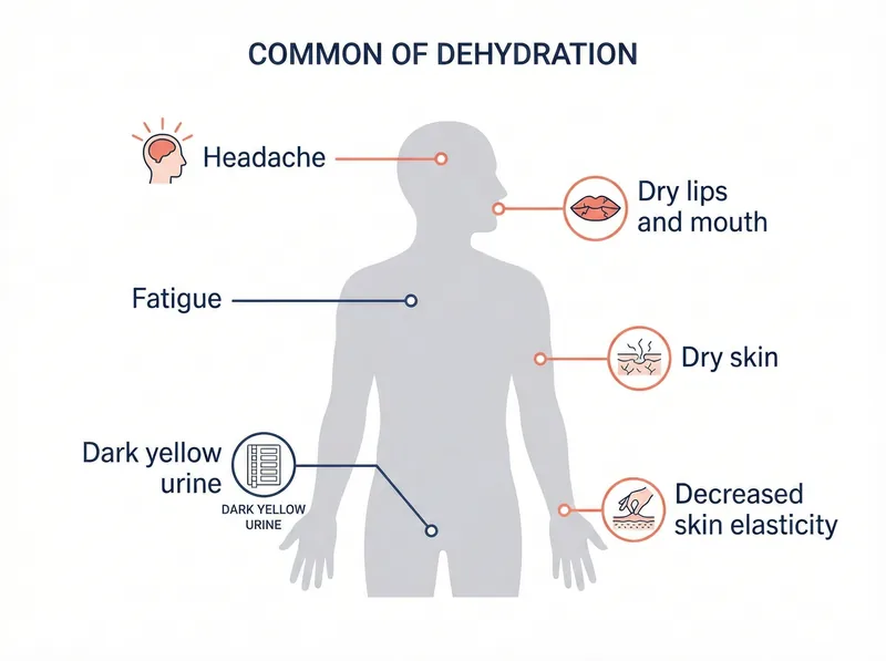 Educational infographic showing physical signs of dehydration in hot climates
