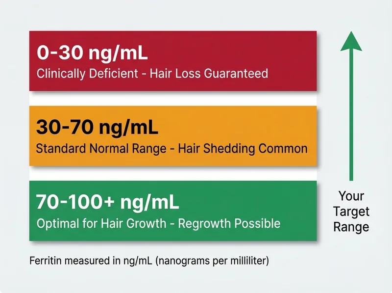 Educational infographic showing optimal ferritin levels for hair growth versus standard medical ranges