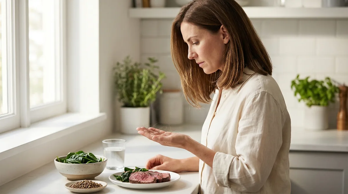 Woman examining hair shedding with concern while holding iron-rich foods including spinach, red meat, and lentils on kitchen counter