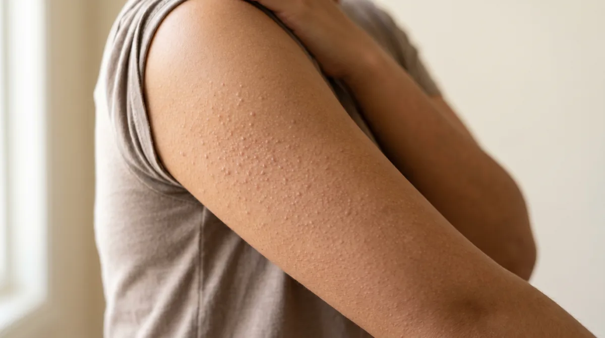 Close-up of upper arm showing keratosis pilaris texture with subtle bumps visible under natural lighting