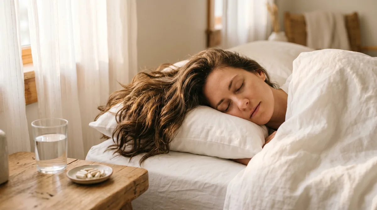 Woman sleeping peacefully with healthy hair on pillow, soft morning light, calm bedroom environment