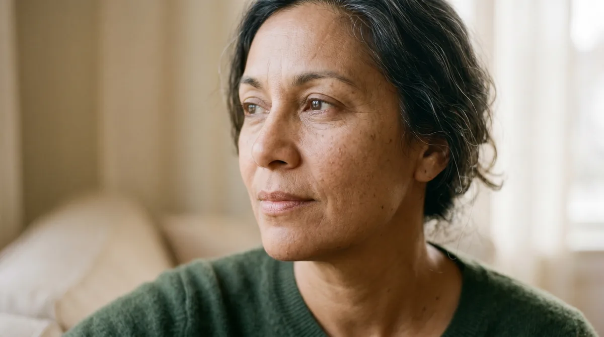 Close-up of mature woman's face showing delicate skin texture with visible fine lines and natural aging, soft natural lighting highlighting skin barrier changes during menopause