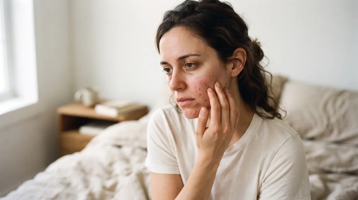 Woman with hand on face showing stress-related skin concerns in natural lighting