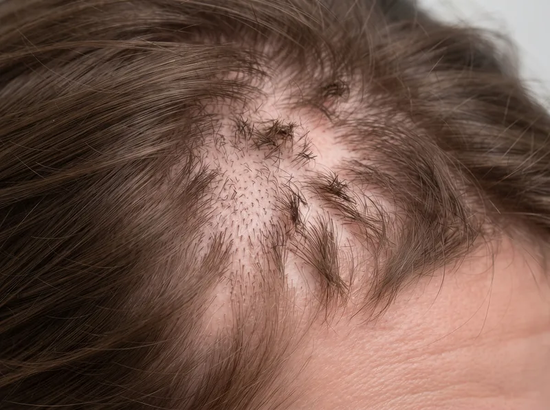 Close-up of scalp showing hair pulling patterns and regrowth areas