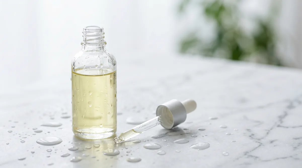Clear glass dropper bottle of niacinamide serum on marble surface with water droplets, natural daylight, editorial skincare photography