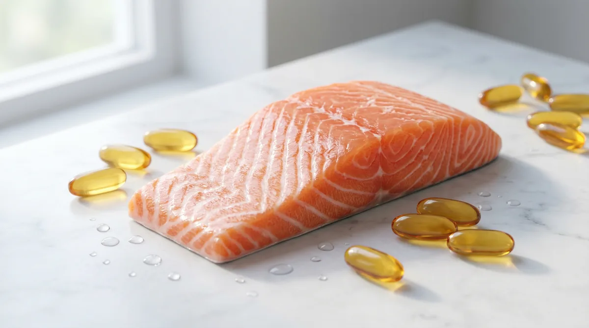 Salmon fillet rich in omega-3 fatty acids beside scattered fish oil capsules on a clean white surface with subtle water droplets