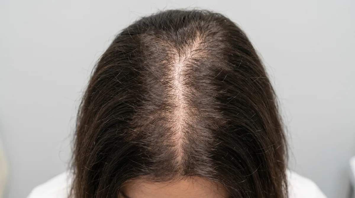 Close-up of woman's crown showing diffuse thinning pattern characteristic of PCOS-related androgenic alopecia