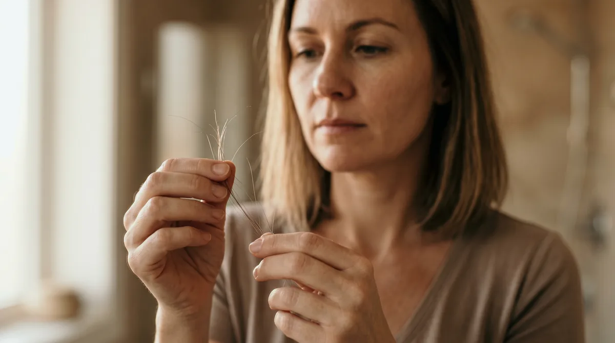 Close-up of woman in her 40s examining hair texture and density in natural light, showing concern about thinning