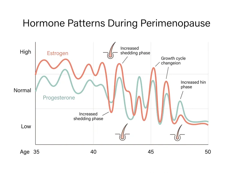 Educational diagram showing estrogen and progesterone fluctuation patterns during perimenopause years
