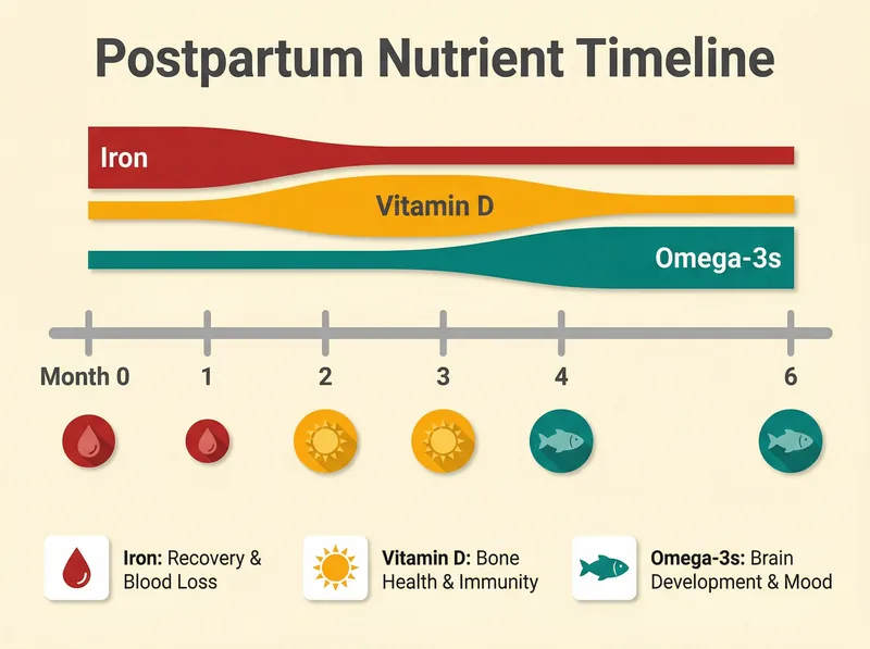 Timeline chart showing critical nutrient needs across the first six months postpartum with emphasis on iron, vitamin D, and omega-3s