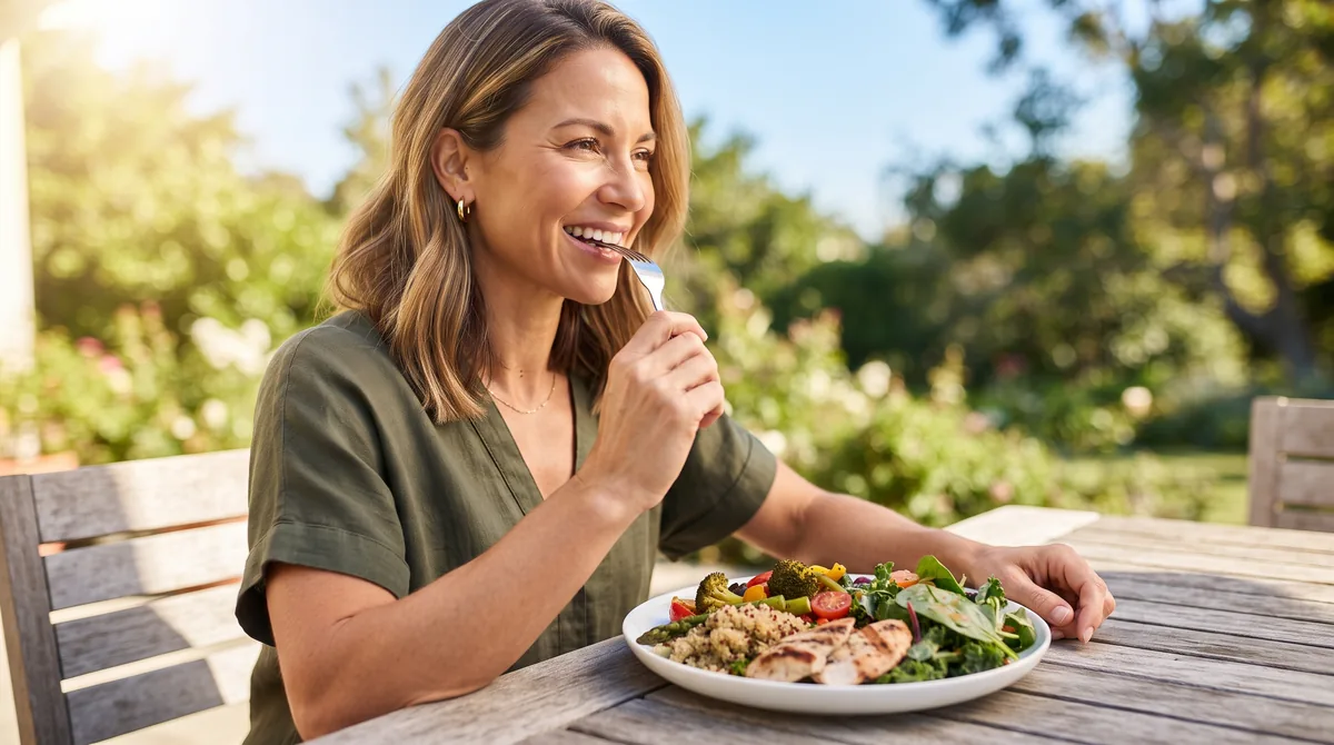 Woman eating a protein-rich meal outdoors in bright sunlight with fresh vegetables and grilled chicken on a modern plate