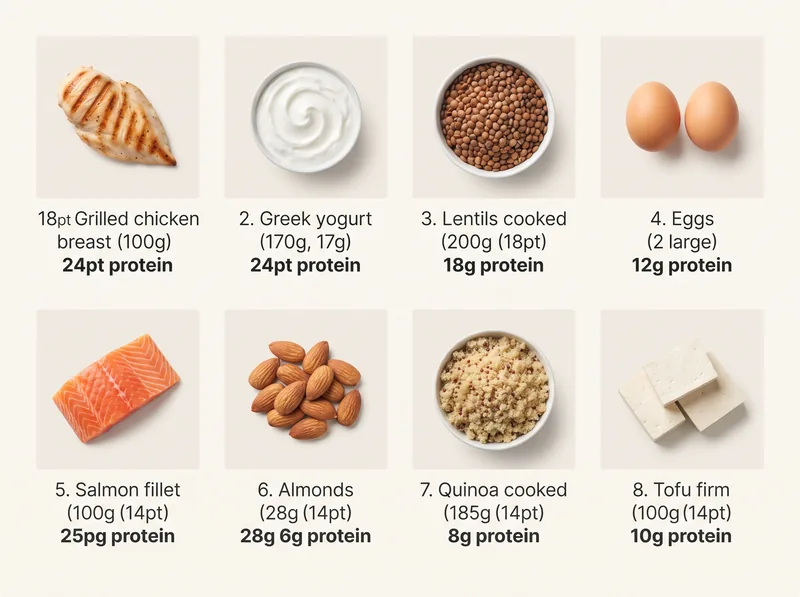 Educational infographic showing high-protein food sources with portion sizes and protein content in grams