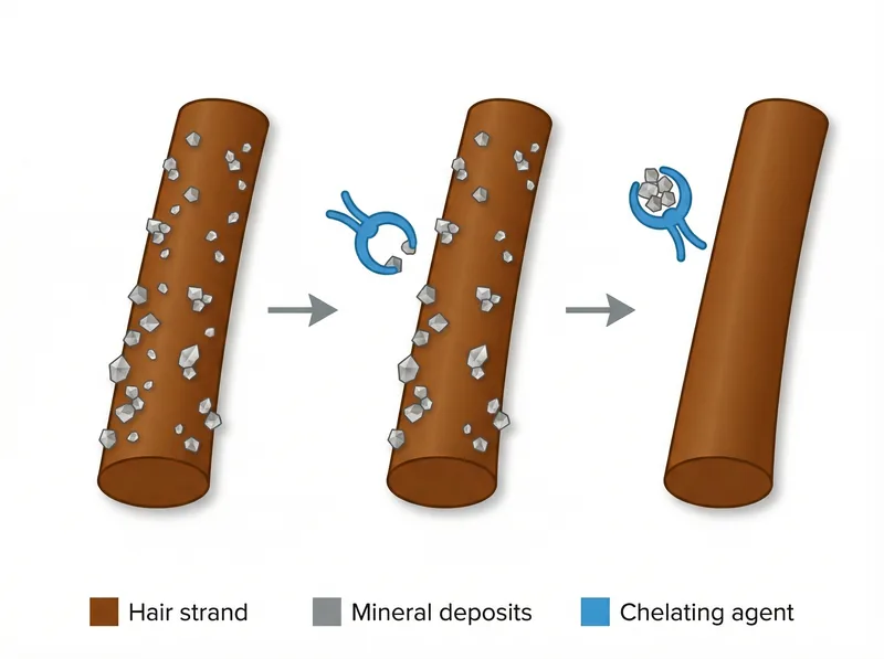 Educational diagram showing how chelating agents work to remove mineral buildup