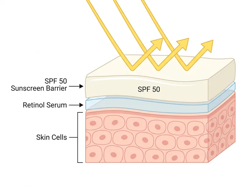 Diagram showing proper sunscreen application over retinol-treated skin with SPF 50 minimum requirement
