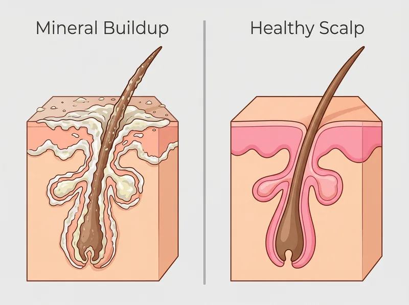 Side-by-side comparison showing hair follicle with mineral buildup versus clean, healthy follicle