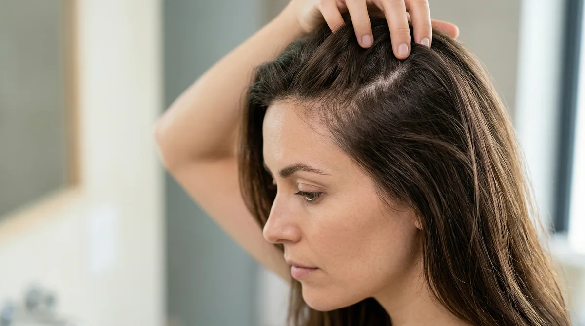 Close-up view of a woman examining her scalp in natural lighting, showing healthy hair roots and clean scalp texture