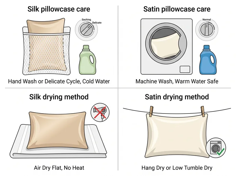 Visual care guide showing proper washing and maintenance methods for silk and satin pillowcases