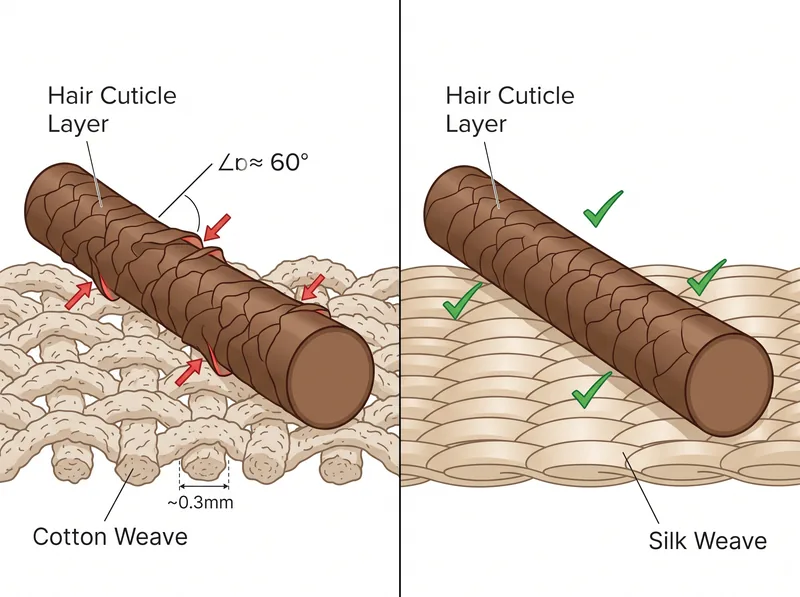 Side-by-side microscopic comparison showing hair cuticle structure on cotton versus silk fabric with friction indicators