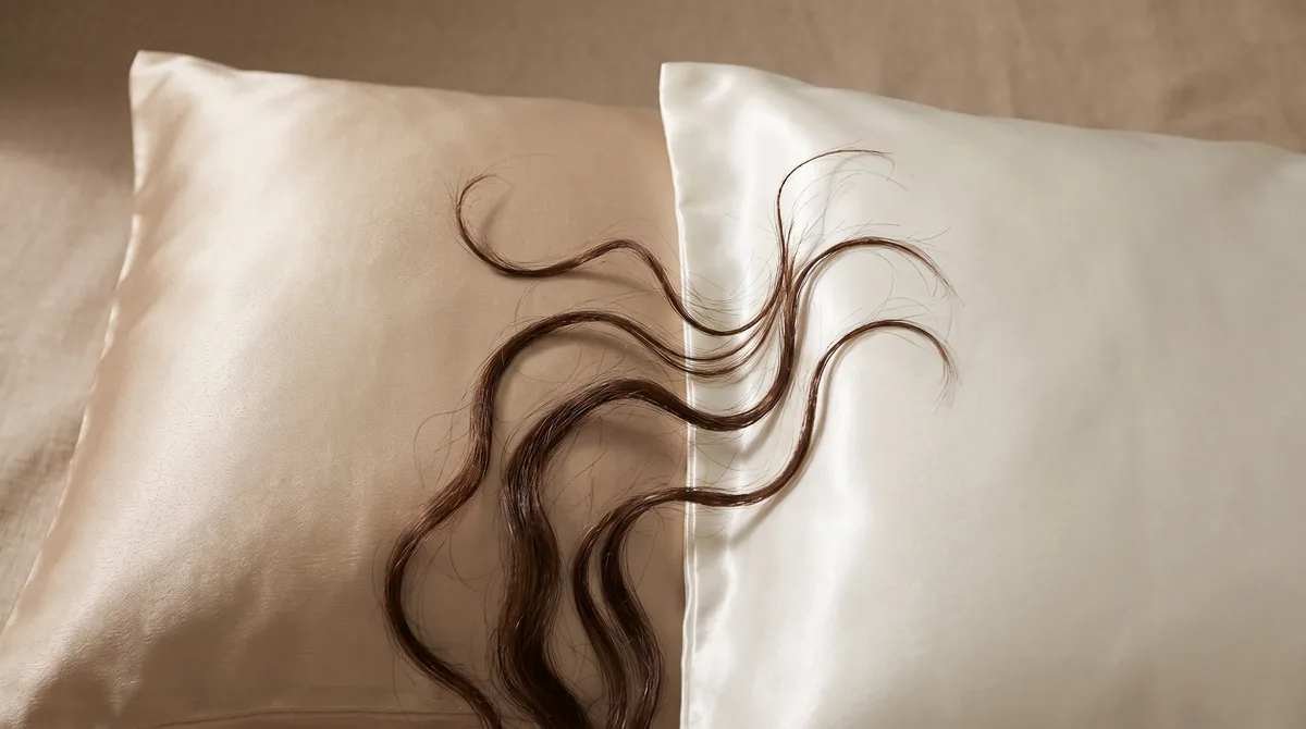 Close-up of silk and satin pillowcases side by side with loose strands of dark wavy hair draped across both fabrics showing texture contrast