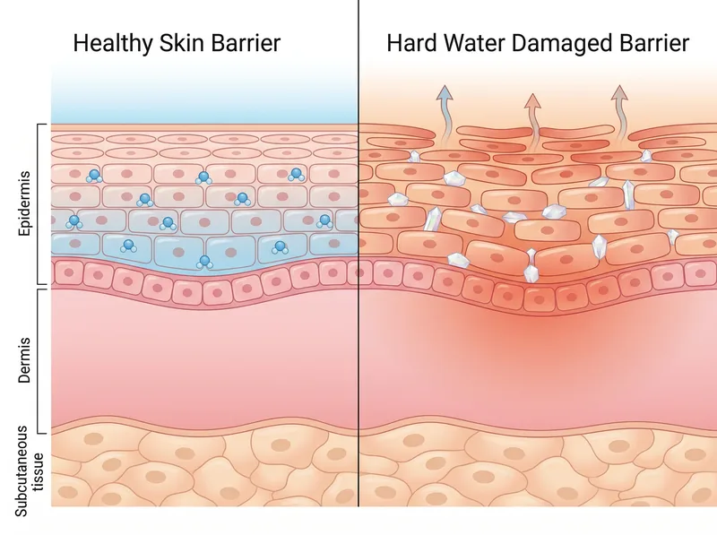 Scientific diagram showing healthy versus compromised skin barrier with mineral buildup