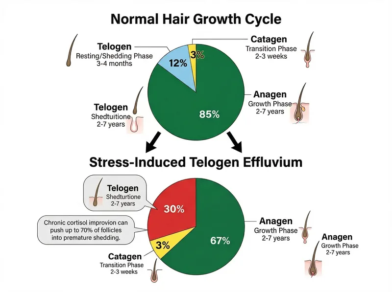Diagram showing hair growth cycle phases and how stress triggers premature transition to shedding phase