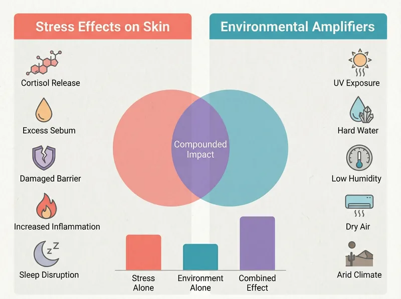 Comparison chart showing how environmental stressors in dry climates compound anxiety-related skin problems